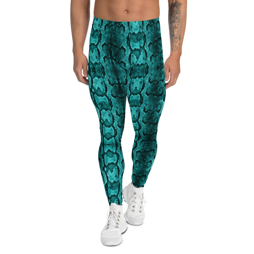 Blue Snake Print Men's Leggings, Python Snake Skin Design Tights For Men-Made in USA/EU/MX