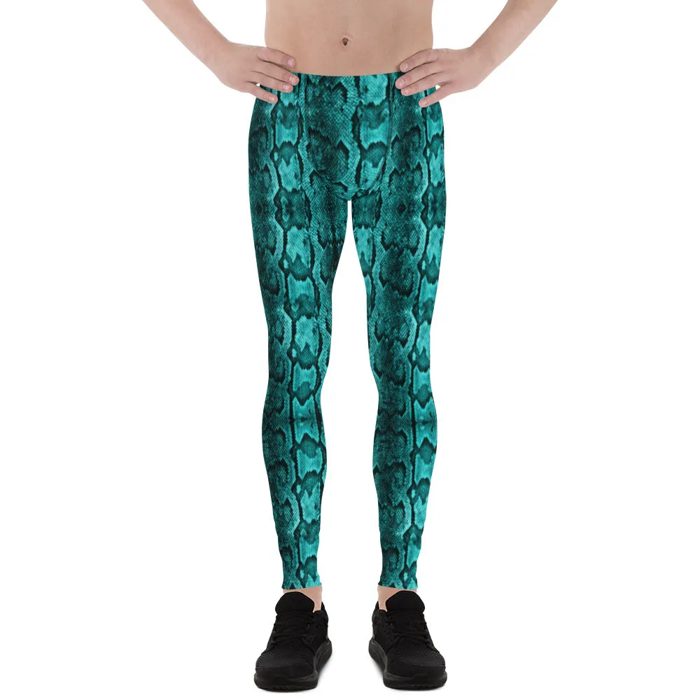 Blue Snake Print Men's Leggings, Python Snake Skin Design Tights For Men-Made in USA/EU/MX