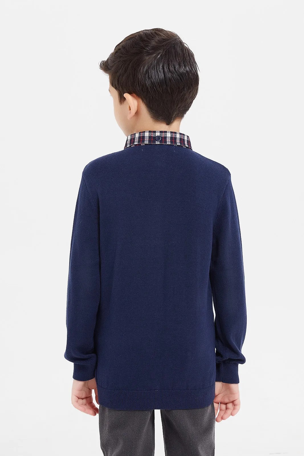 Boys Navy Checkered Collar Placket Jumper