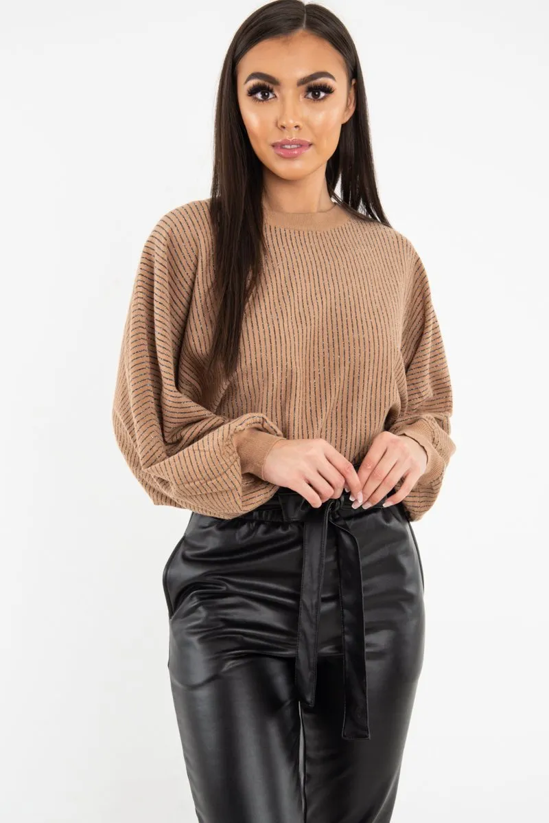 Camel Glitter Stripe Batwing Jumper - Bowyn