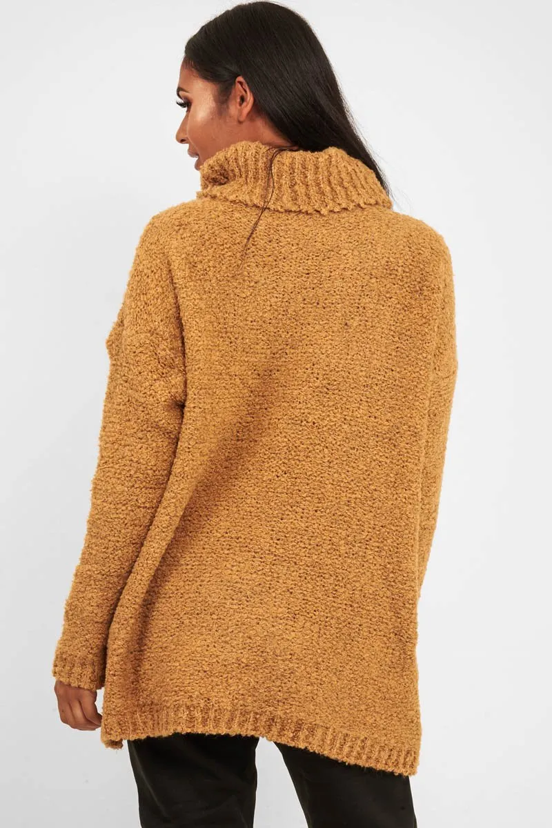 Camel Knitted Borg Oversized Roll Neck Jumper - Ebbie