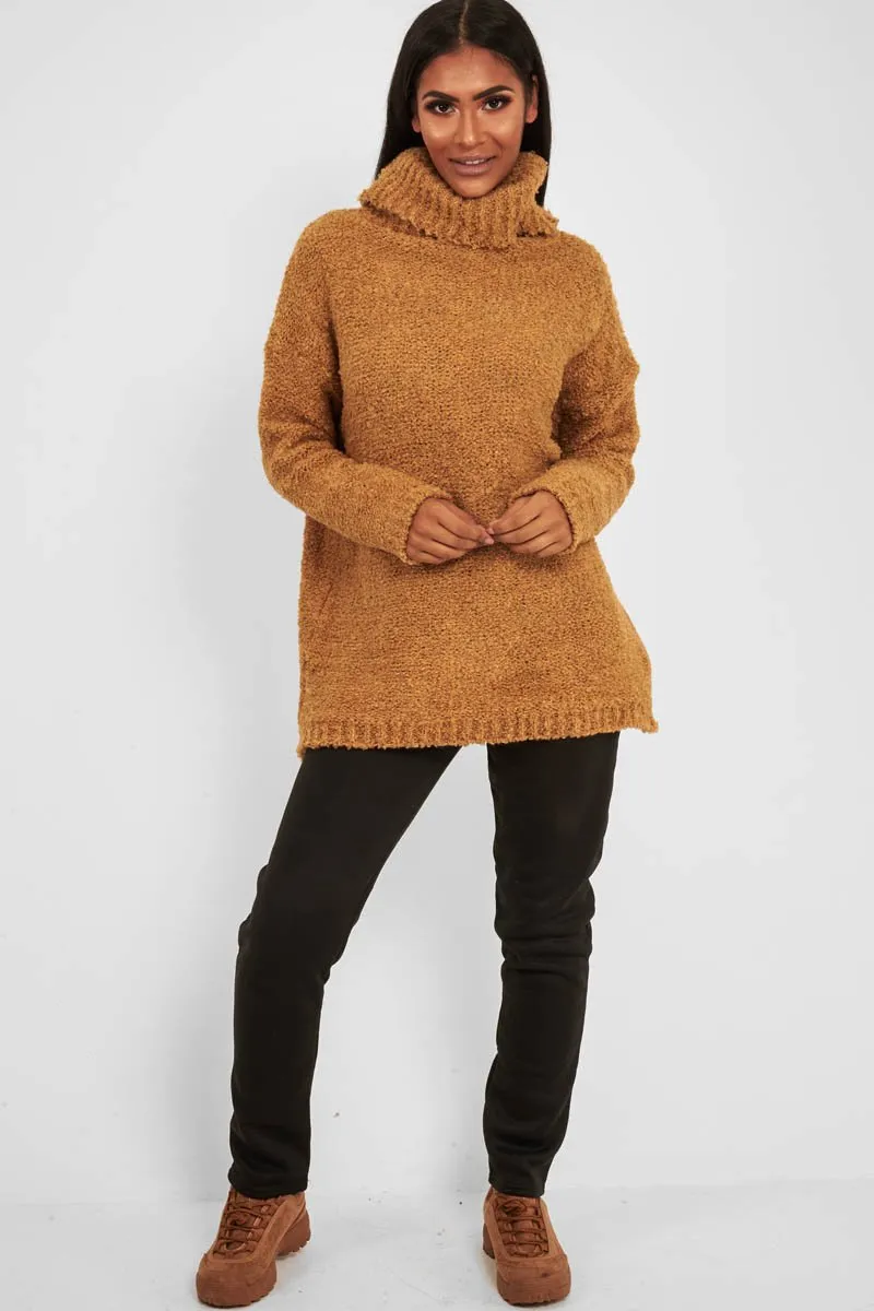 Camel Knitted Borg Oversized Roll Neck Jumper - Ebbie