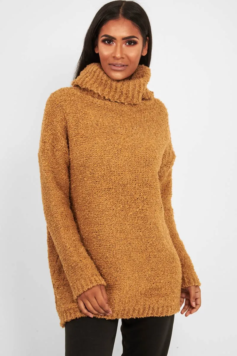 Camel Knitted Borg Oversized Roll Neck Jumper - Ebbie