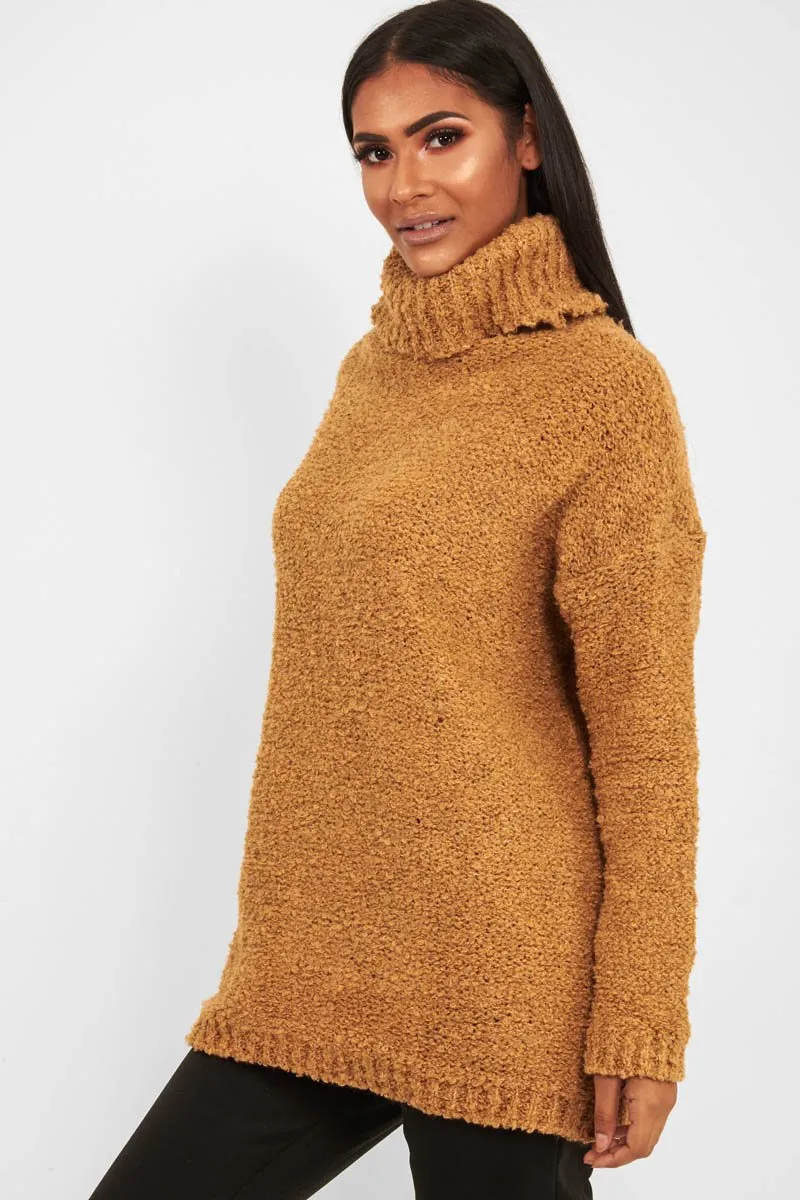 Camel Knitted Borg Oversized Roll Neck Jumper - Ebbie