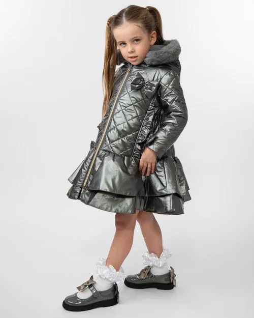 Caramelo Kids Girls Grey Quilted Coat with Bow