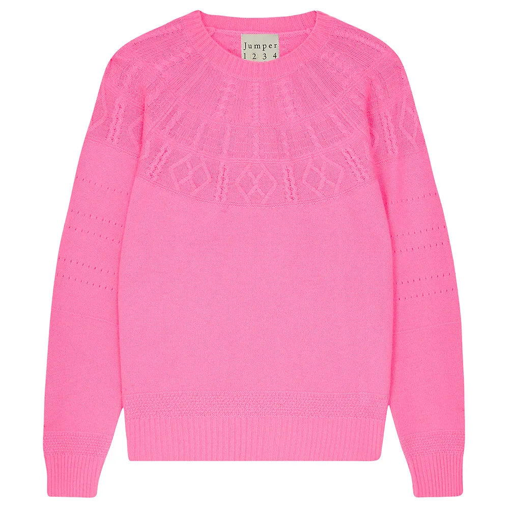 Cashmere Big Cable Crew in Neon Pink