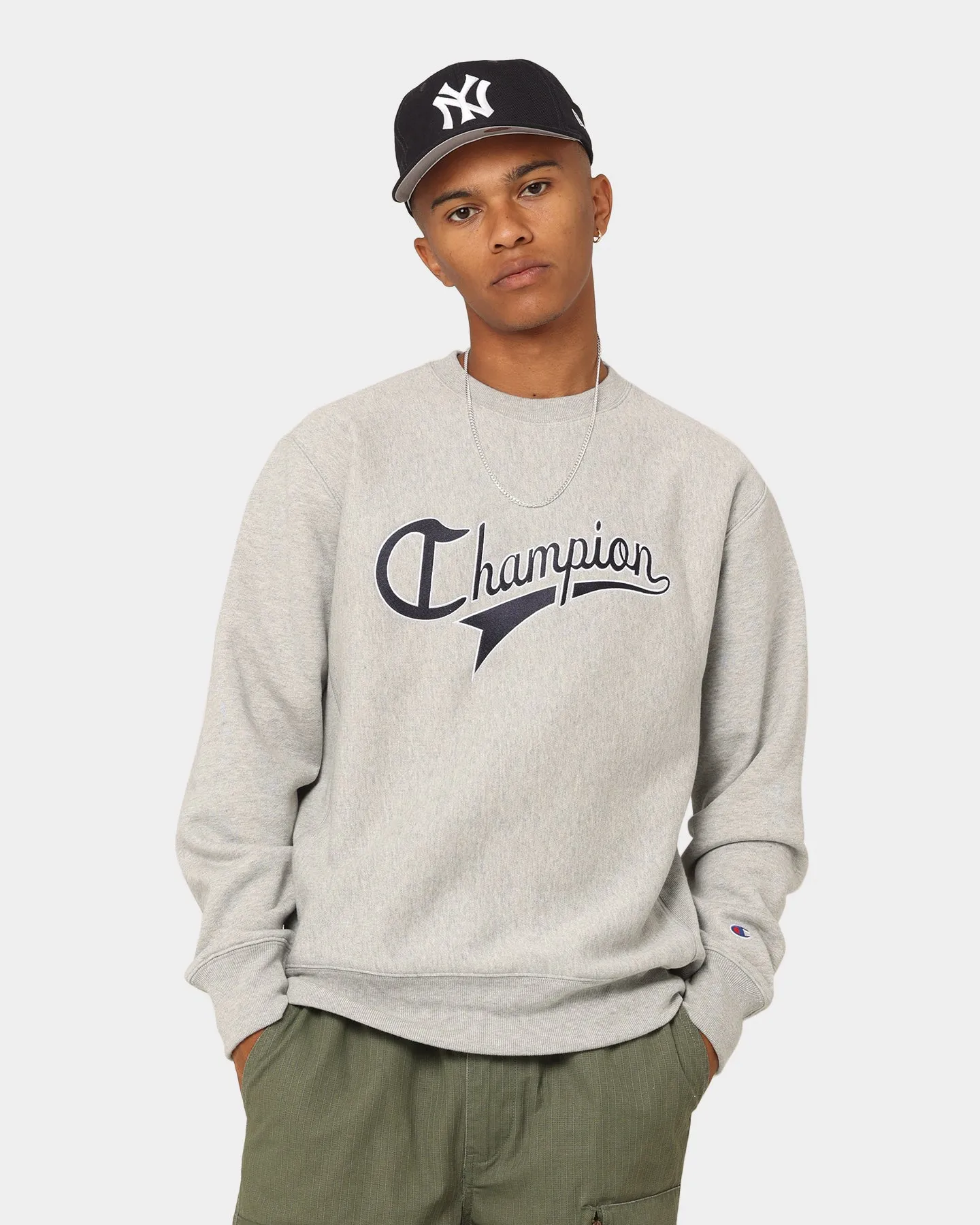 Champion Reverse Weave Cursive Logo Crewneck Oxford Heather