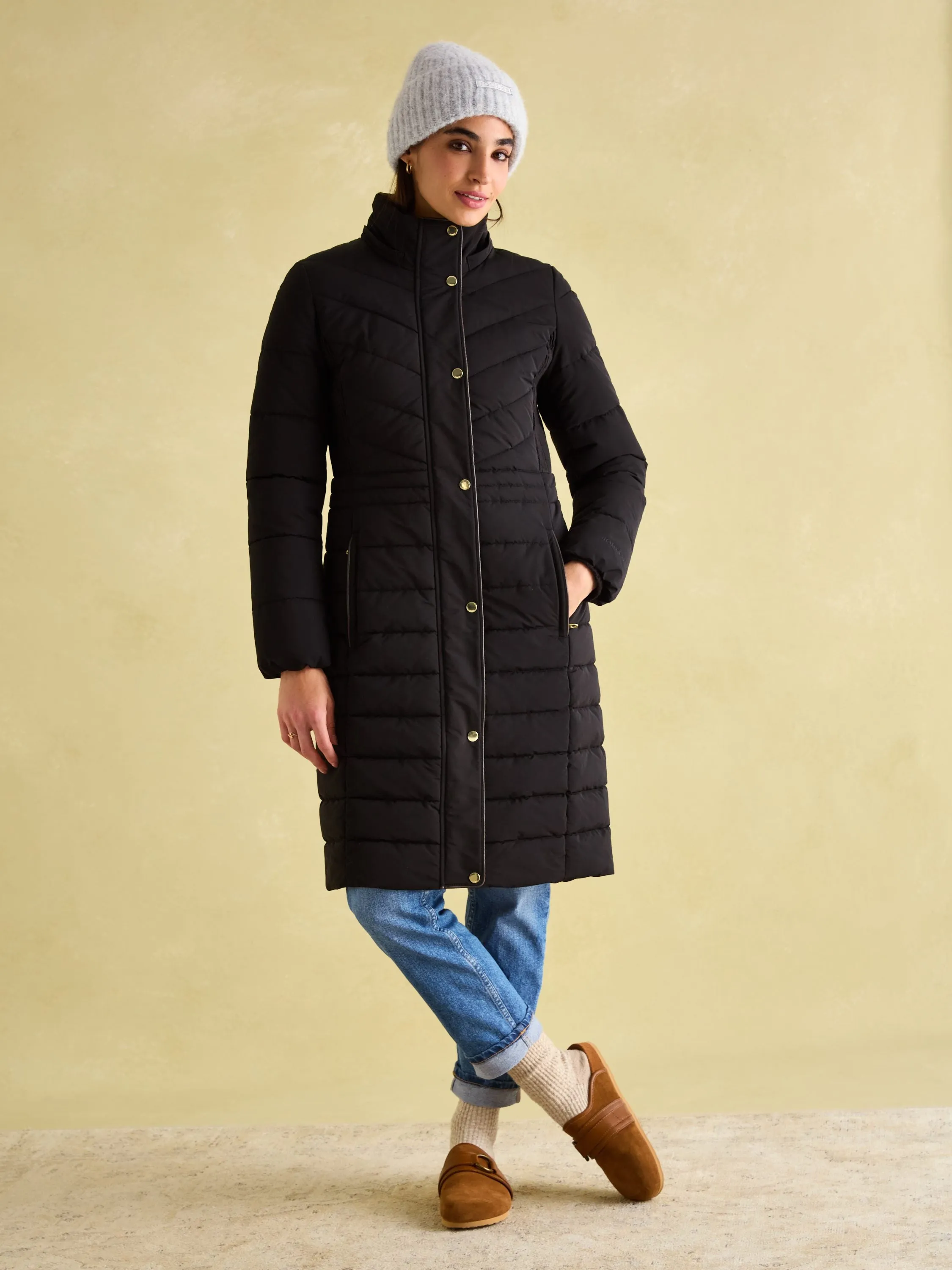 Cherington Black Showerproof Longline Padded Coat with Faux Fur Hood