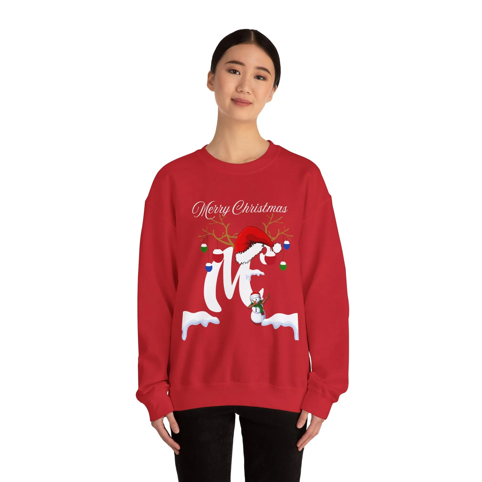 Christmas Snowflake Holiday Crewneck Sweatshirt, Xmas Winter Santa Hat Jumper, Festive Mistletoe Antler Branches, Unisex Heavy Blend -Initial "M"