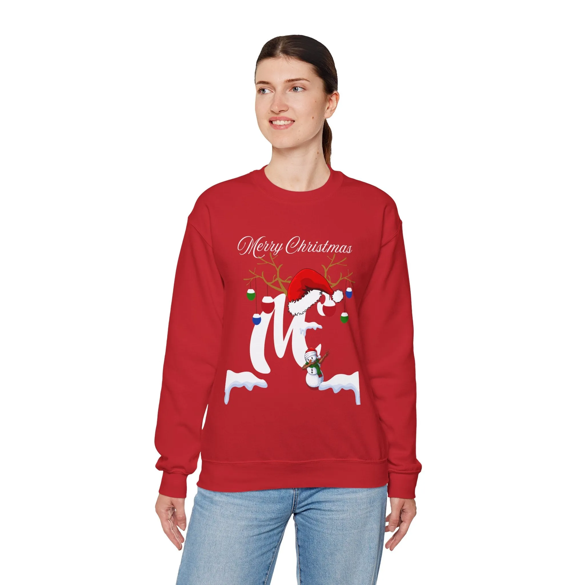 Christmas Snowflake Holiday Crewneck Sweatshirt, Xmas Winter Santa Hat Jumper, Festive Mistletoe Antler Branches, Unisex Heavy Blend -Initial "M"