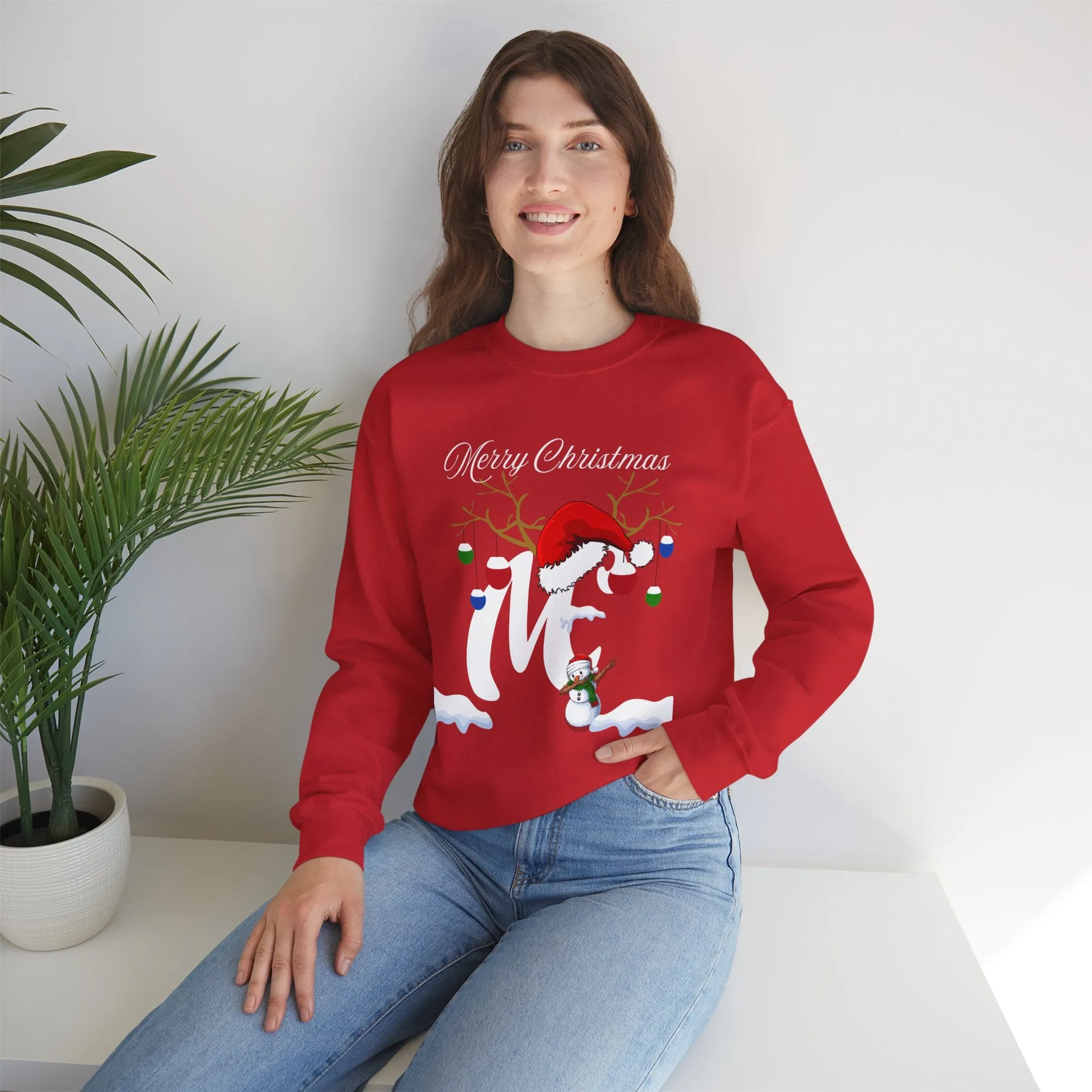 Christmas Snowflake Holiday Crewneck Sweatshirt, Xmas Winter Santa Hat Jumper, Festive Mistletoe Antler Branches, Unisex Heavy Blend -Initial "M"