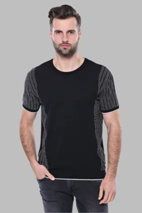 Circle Neck Patterned Black Knitted T-Shirt - Wessi