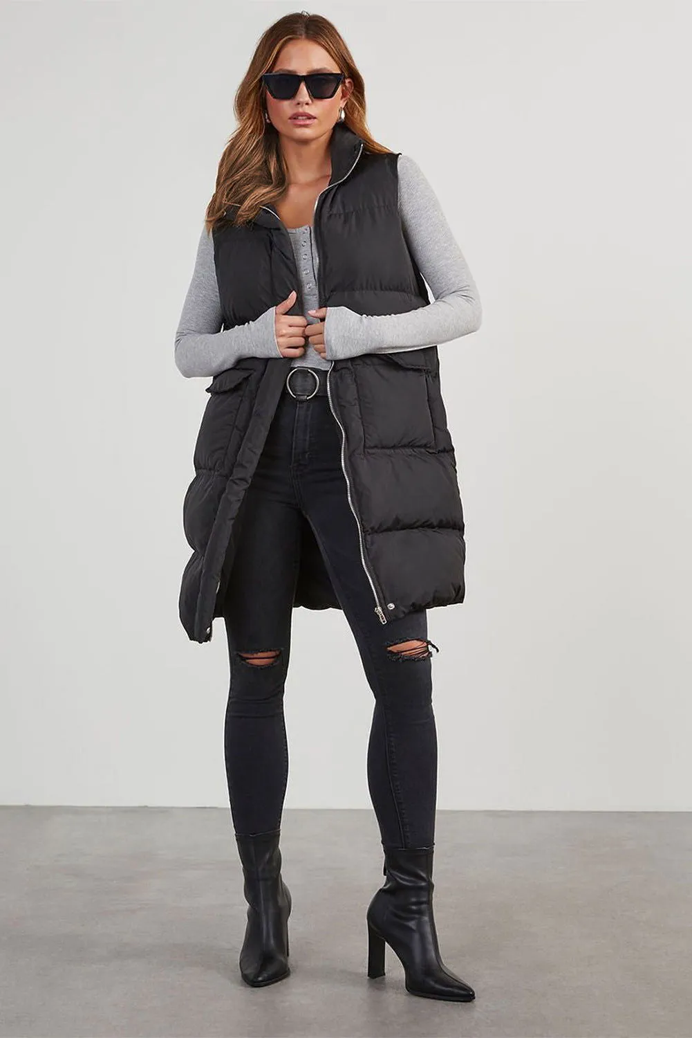 Coffee Quilted Pocketed Long Puffer Vest Coat