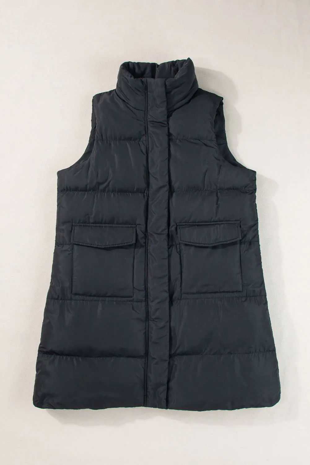 Coffee Quilted Pocketed Long Puffer Vest Coat