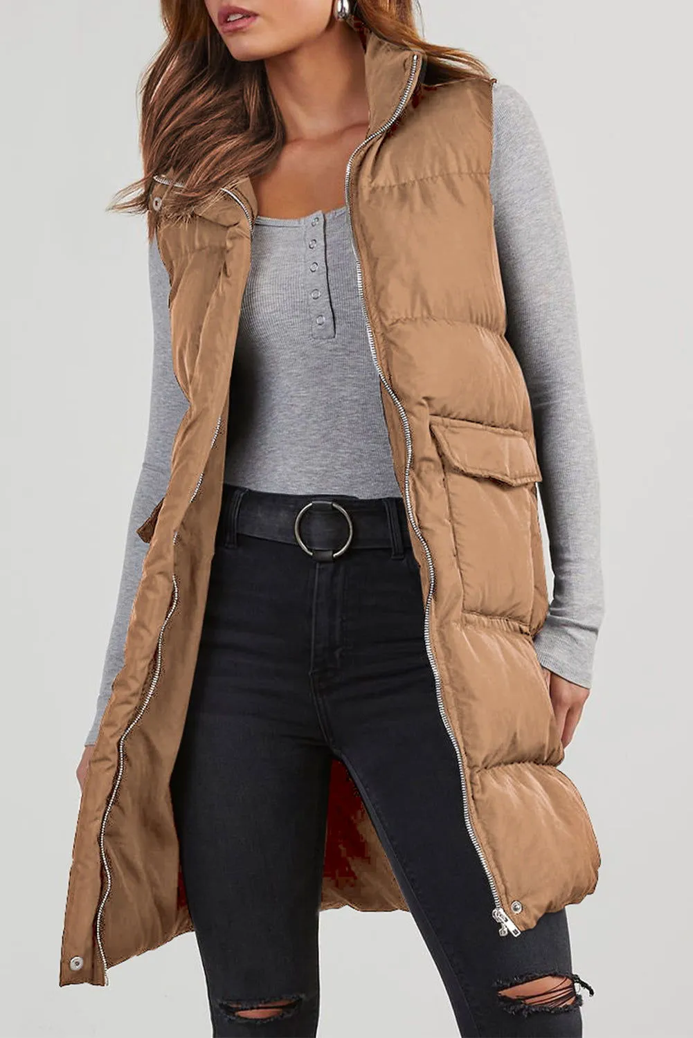 Coffee Quilted Pocketed Long Puffer Vest Coat