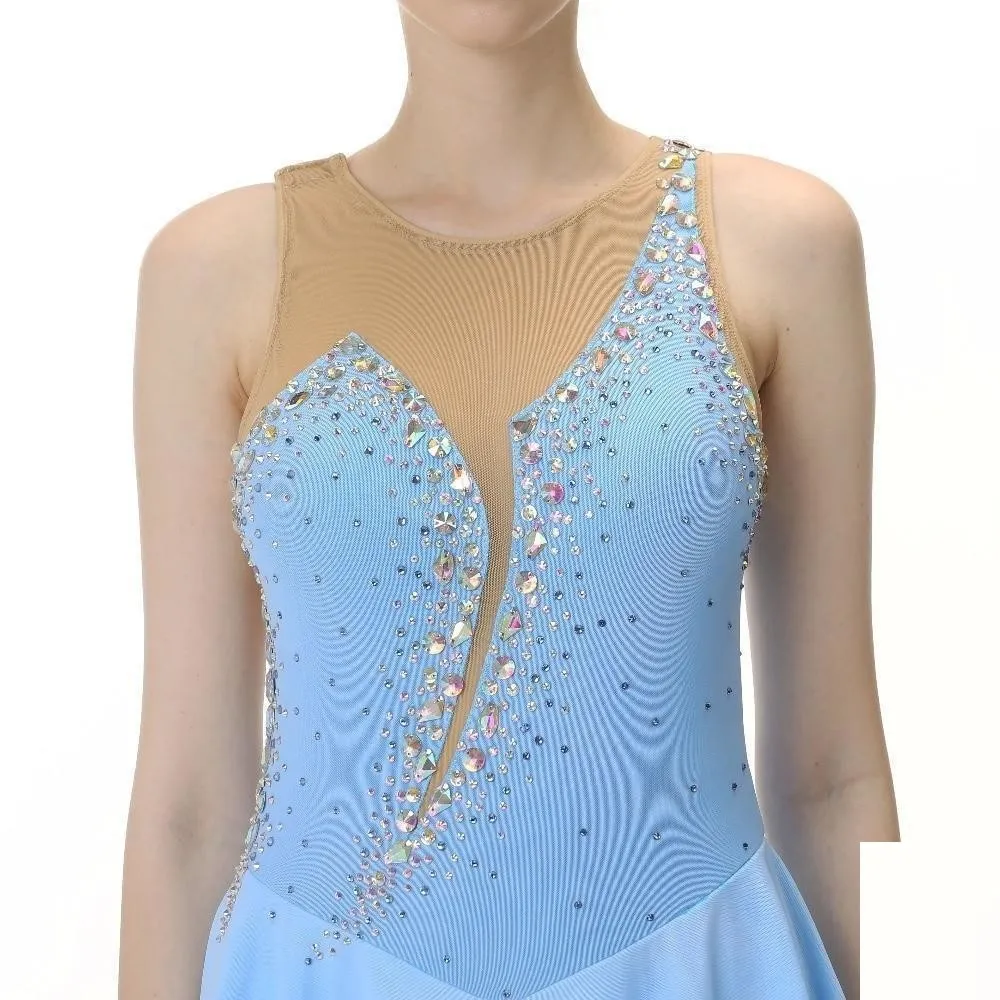 Competition Figure Skating Dress Sleeveless Light Blue with Crystals