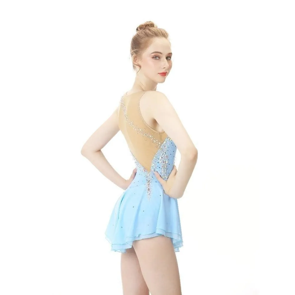 Competition Figure Skating Dress Sleeveless Light Blue with Crystals