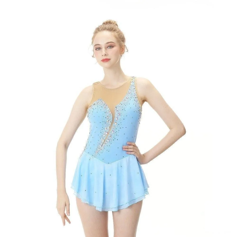 Competition Figure Skating Dress Sleeveless Light Blue with Crystals