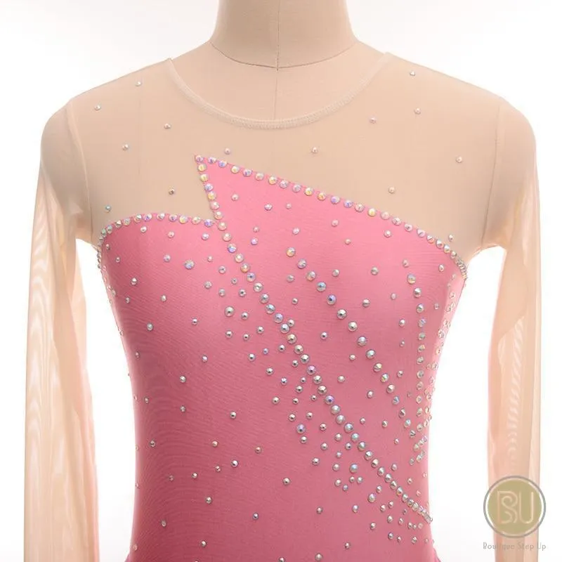 Competition Skating Dress Soft Pink & Many Other Color Nude Mesh Sleeves