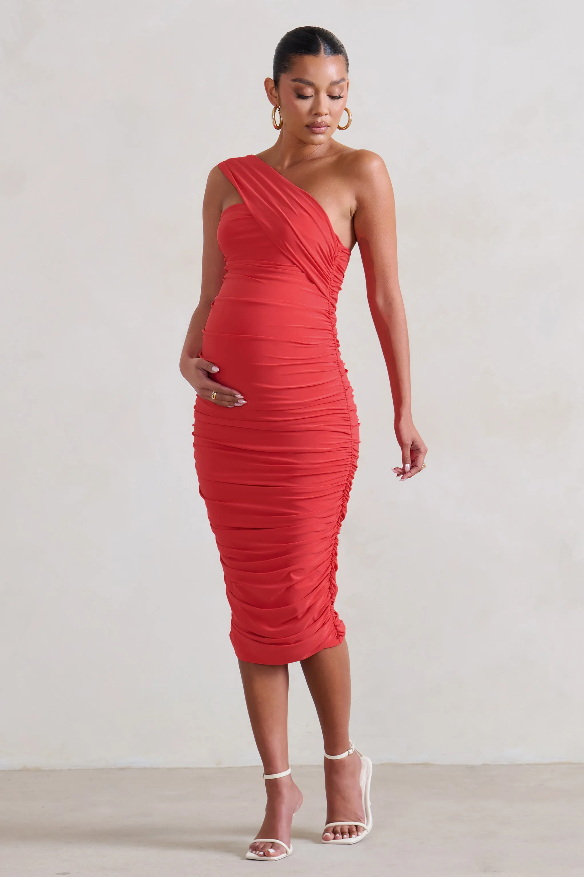 Contour | Coral Maternity One Shoulder Bodycon Midi Dress