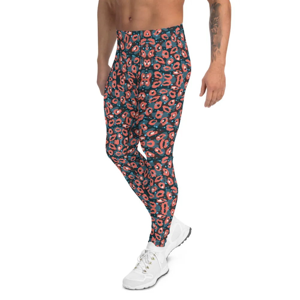 Coral Pink Leopard Men's Leggings, Abstract Modern Animal Print Meggings-Made in USA/EU