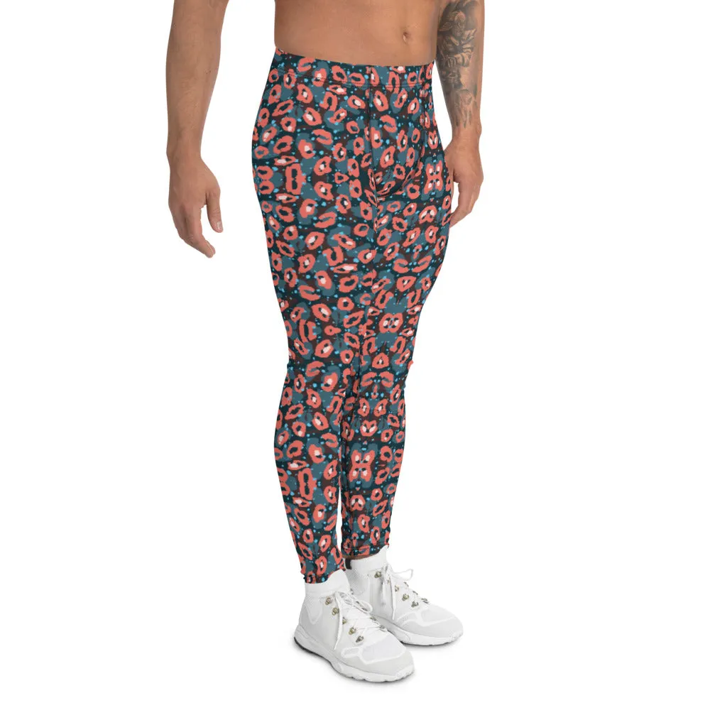 Coral Pink Leopard Men's Leggings, Abstract Modern Animal Print Meggings-Made in USA/EU