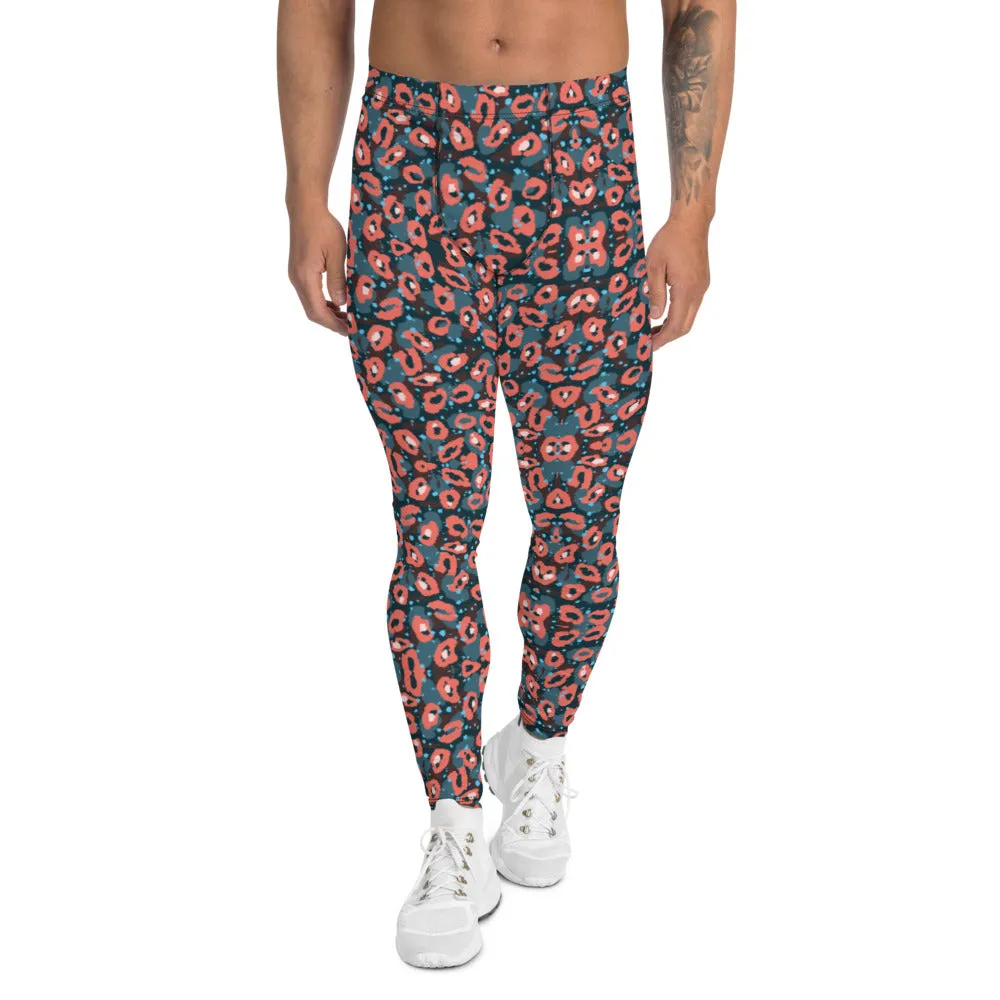 Coral Pink Leopard Men's Leggings, Abstract Modern Animal Print Meggings-Made in USA/EU