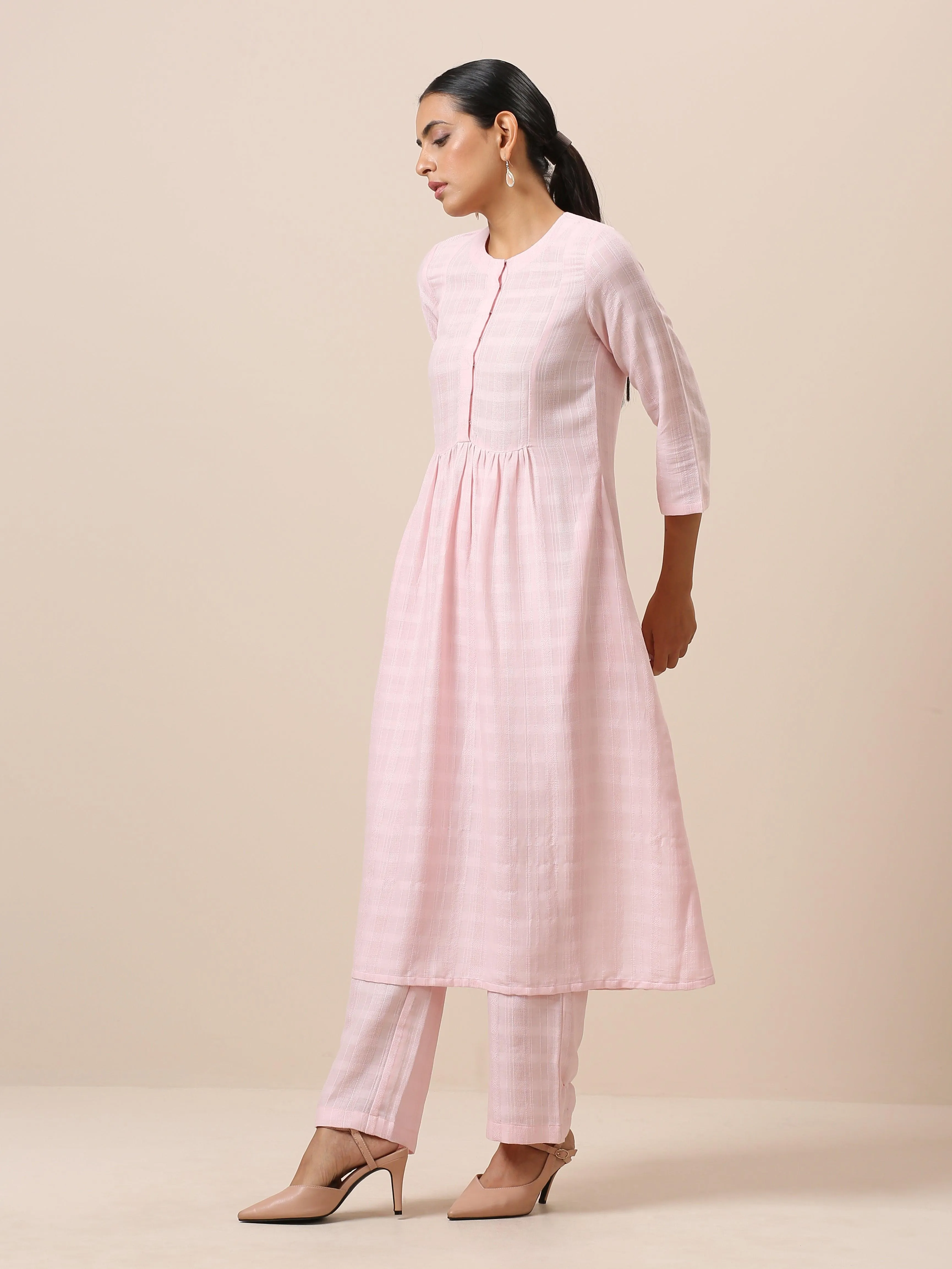 Cotton Rose Pink Flared Kurta Pant Set