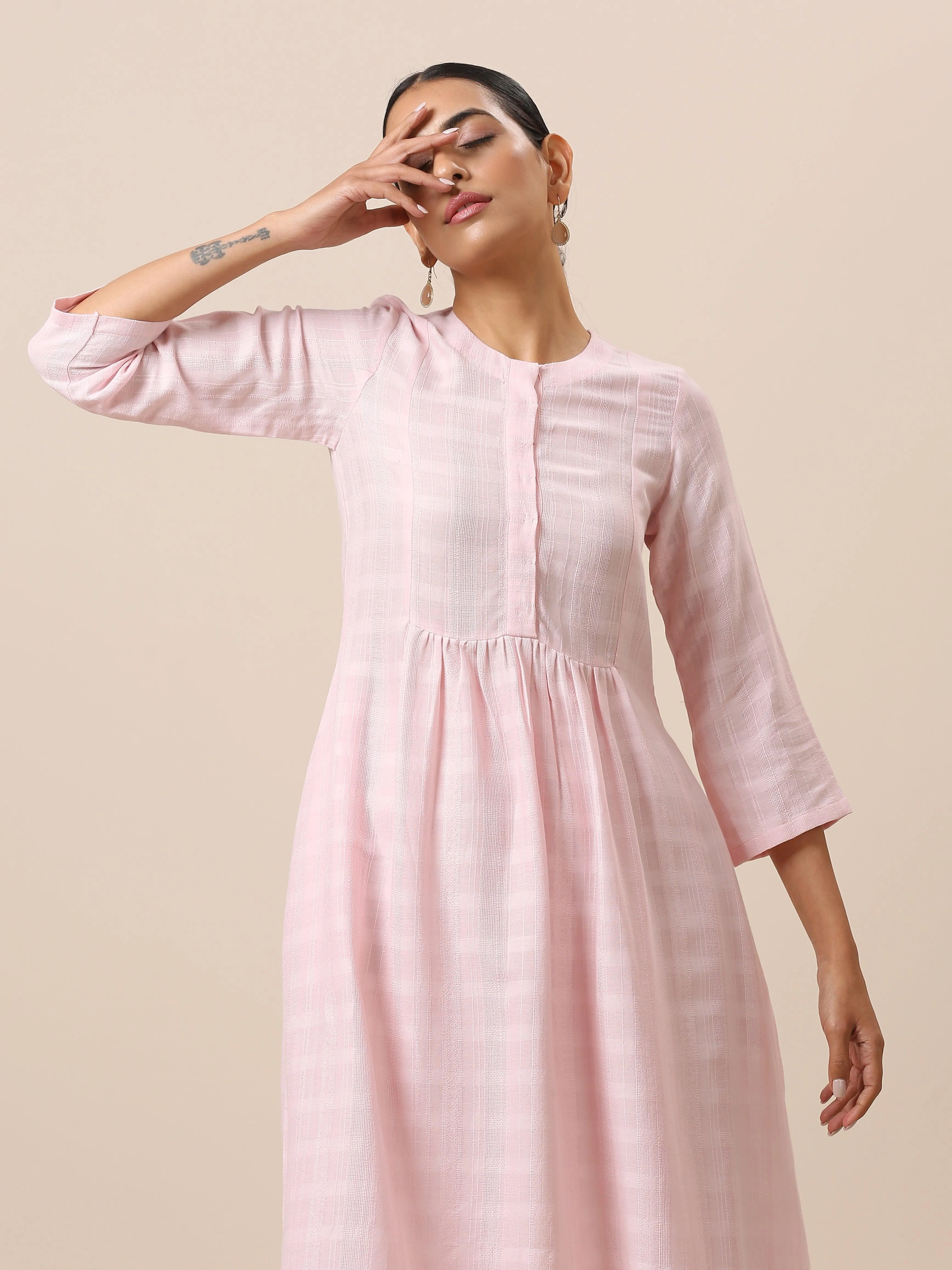 Cotton Rose Pink Flared Kurta Pant Set