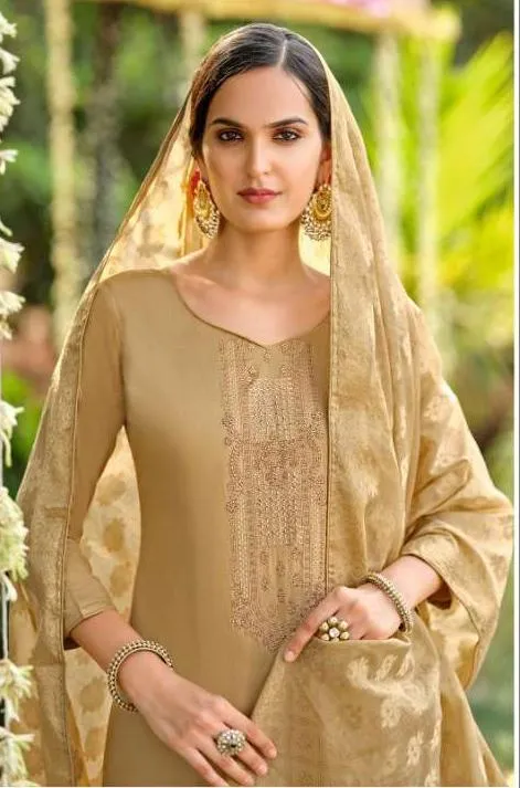 Cotton Unstitched Beige Salwar Suits Material for Ladies