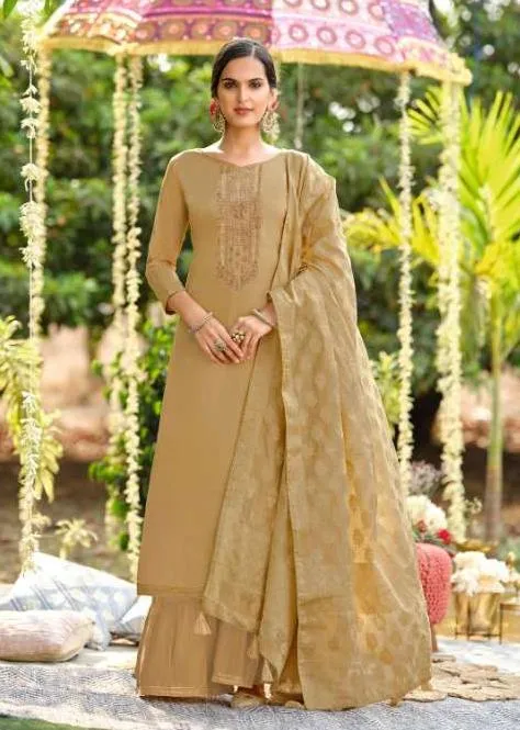 Cotton Unstitched Beige Salwar Suits Material for Ladies