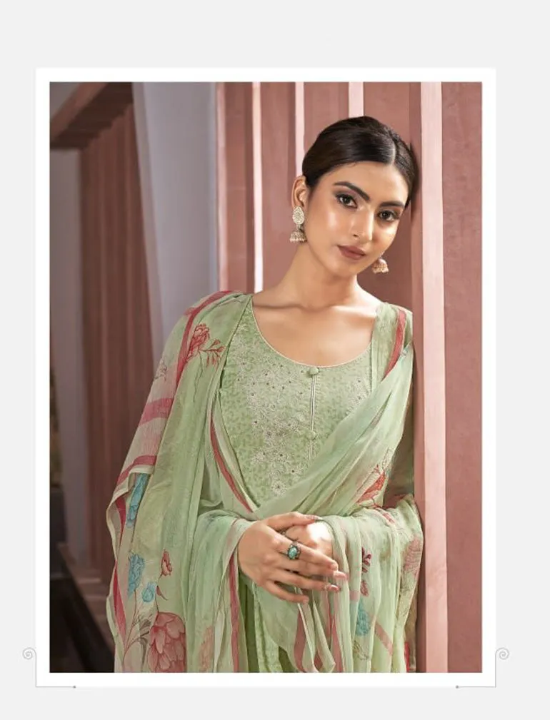 Cotton Unstitched Suit Material With Green Chiffon Dupatta