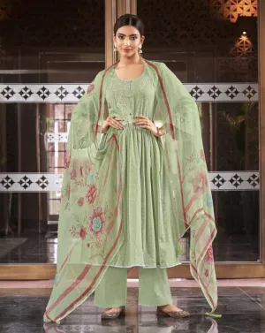 Cotton Unstitched Suit Material With Green Chiffon Dupatta