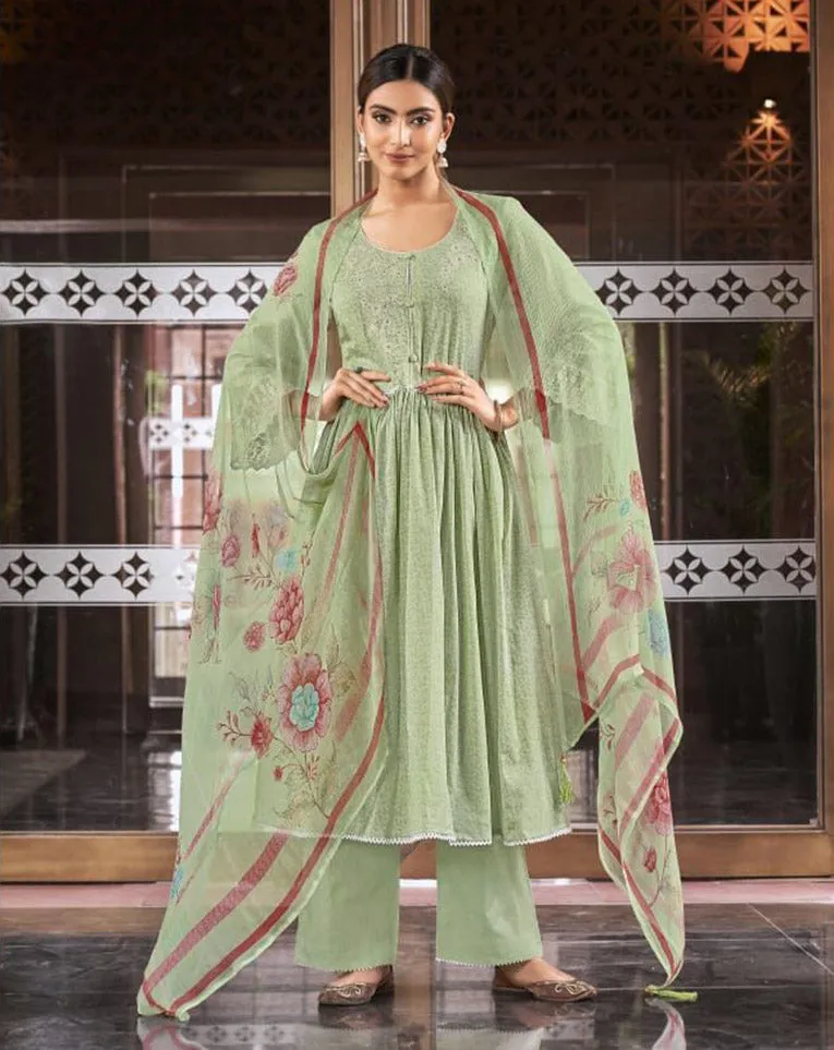 Cotton Unstitched Suit Material With Green Chiffon Dupatta