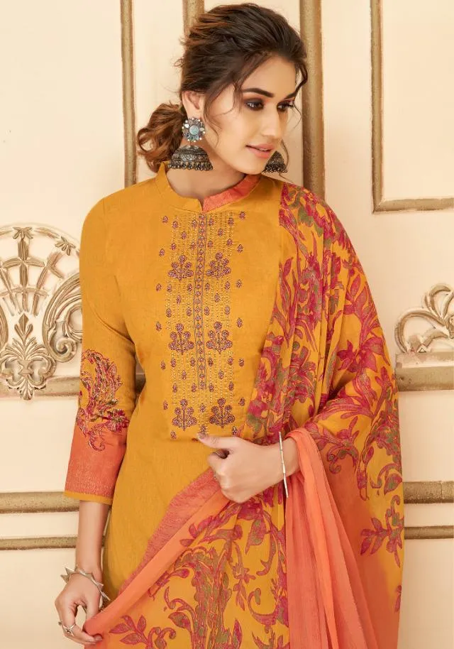 Cotton Unstitched Yellow Salwar Suits Material with Chiffon Dupatta for Woman