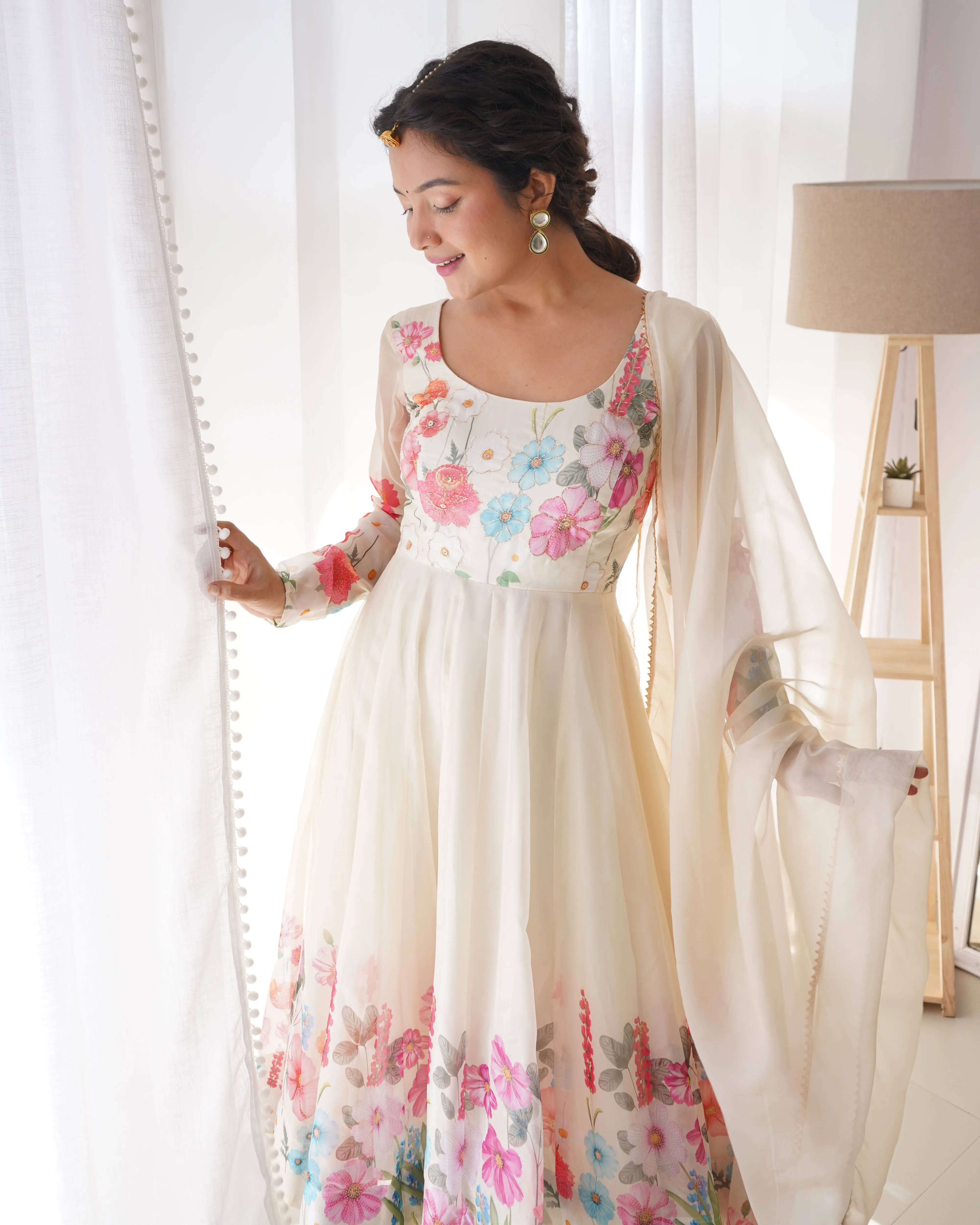 Cream Color Floral Organza Anarkali Suit Set for Festivals & Weddings