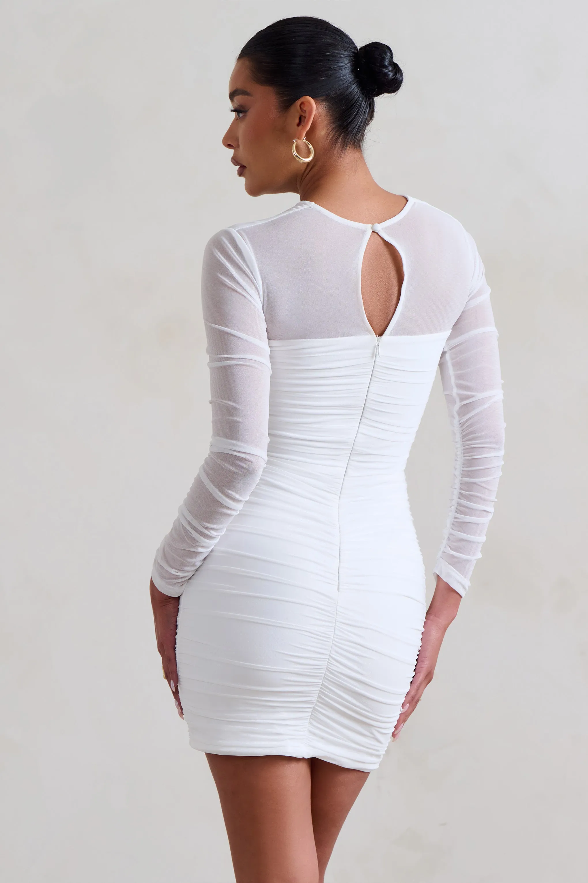 Daiquiri | White Ruched Cut Out Mesh Mini Dress With Long Sleeves