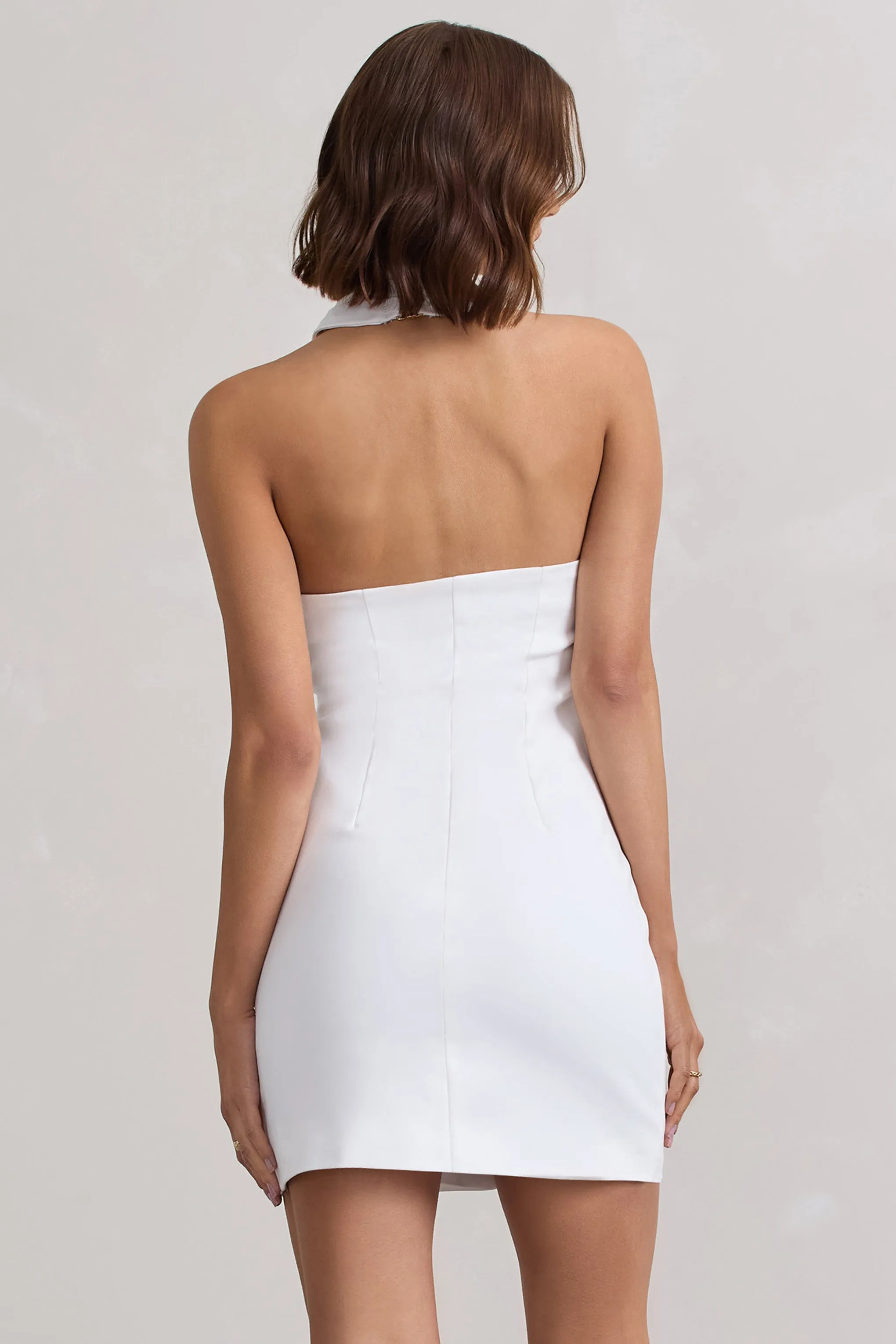 Dani | White Halter Neck Tailored Buttoned Bodycon Mini Dress