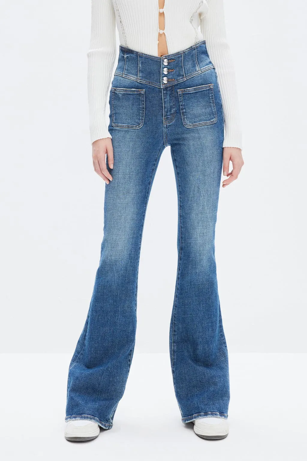 Dark Blue V-Shape High Rise Vintage Flared Jeans