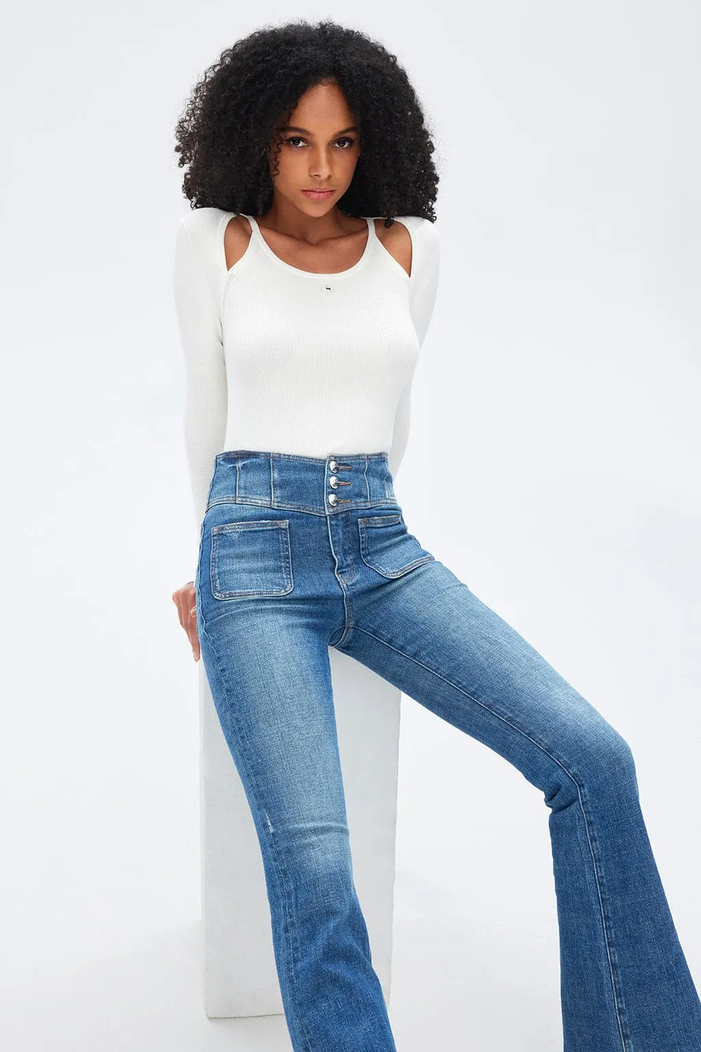 Dark Blue V-Shape High Rise Vintage Flared Jeans