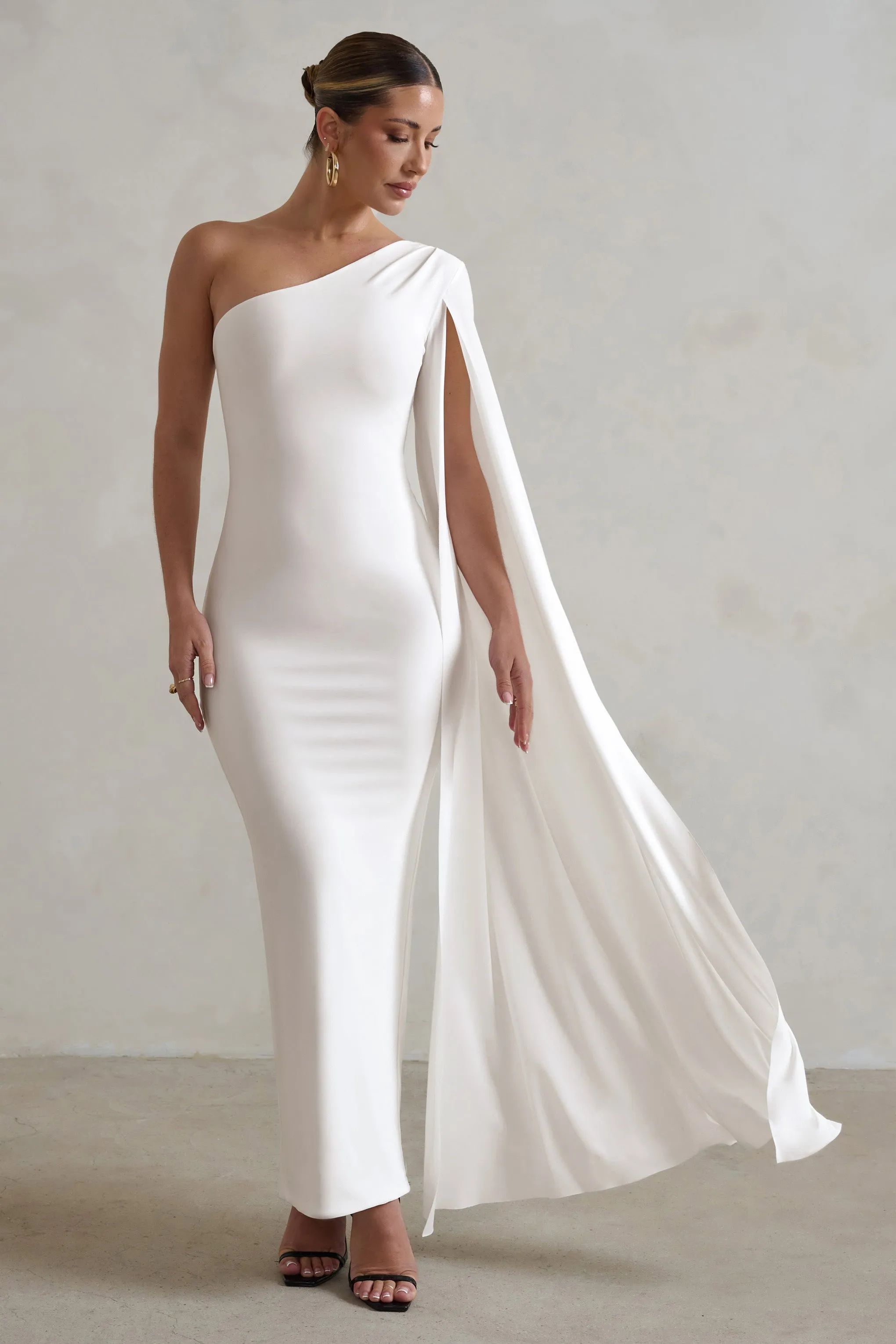 Dominique | White One Shoulder Cape Sleeve Bodycon Maxi Dress