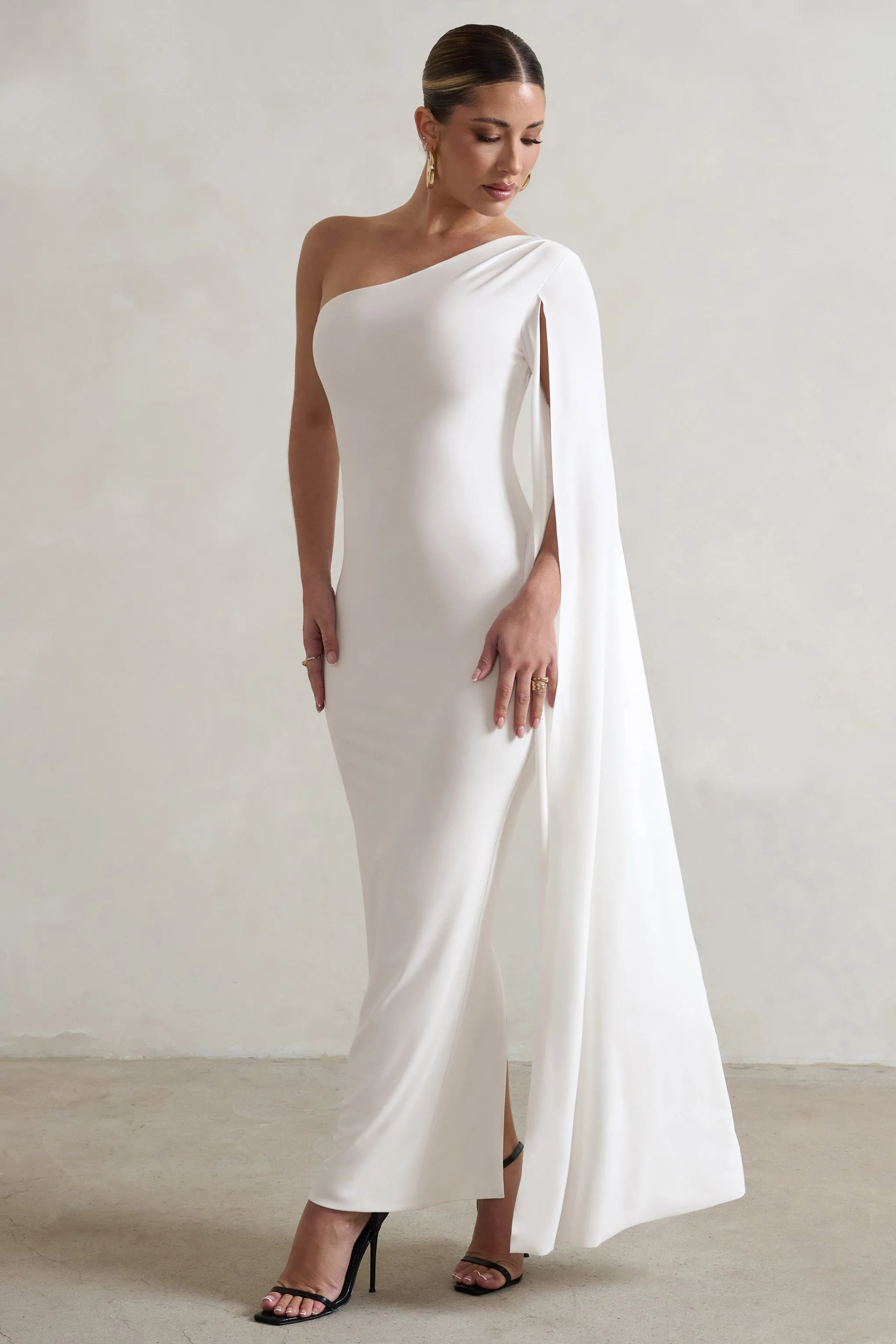 Dominique | White One Shoulder Cape Sleeve Bodycon Maxi Dress