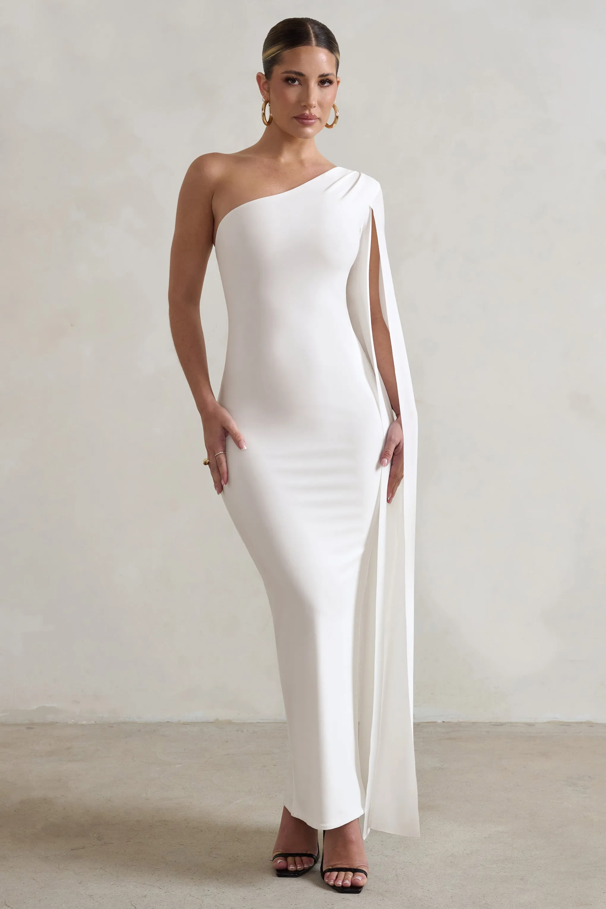 Dominique | White One Shoulder Cape Sleeve Bodycon Maxi Dress