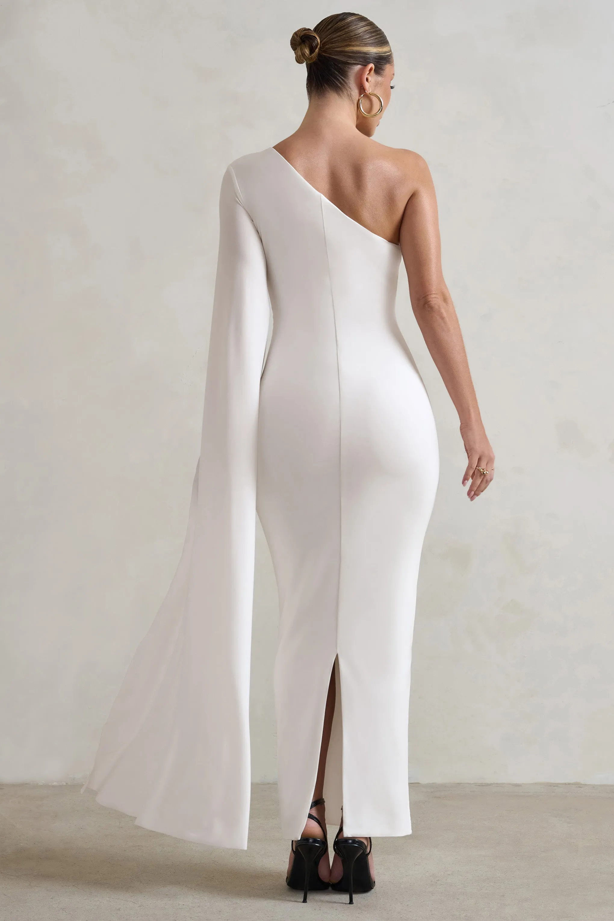 Dominique | White One Shoulder Cape Sleeve Bodycon Maxi Dress