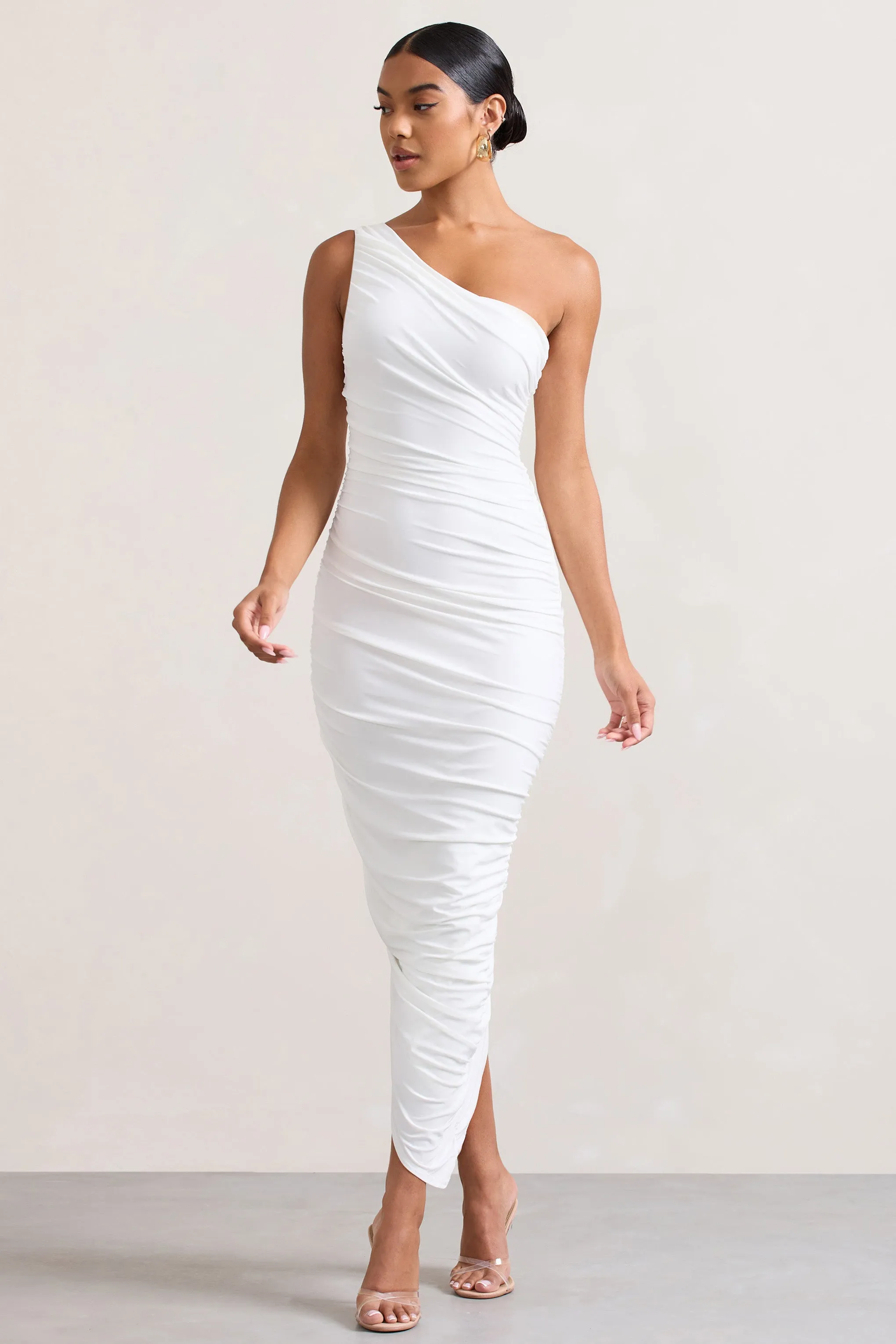 Dorit | White One Shoulder Asymmetric Ruched Midi Dress