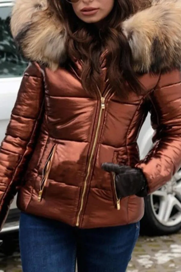 Dunnmall Fashion Solid Color Thick Fur Collar Down Jacket