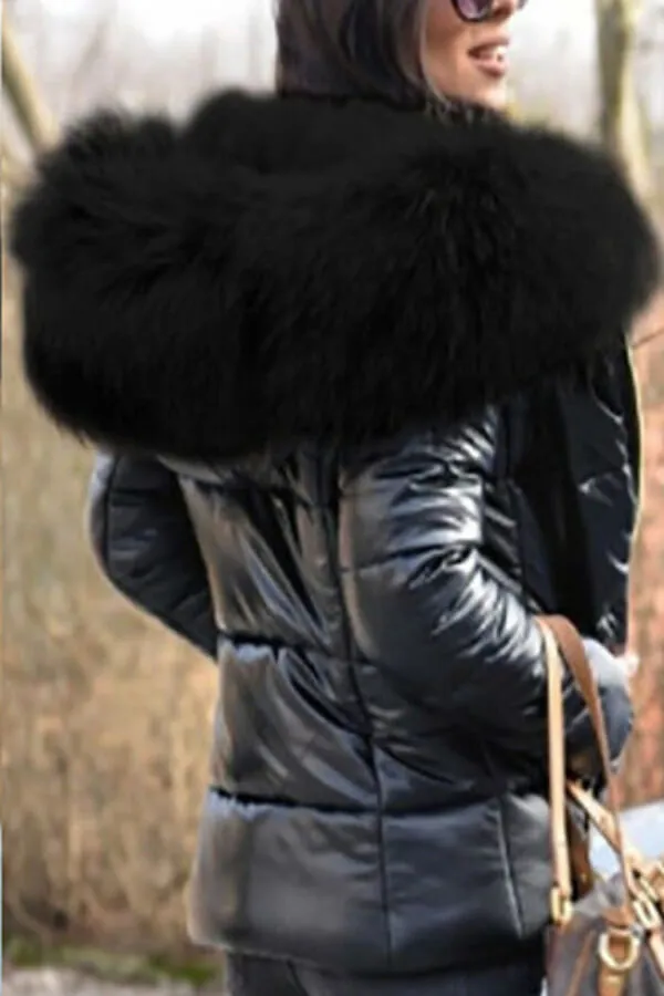 Dunnmall Fashion Solid Color Thick Fur Collar Down Jacket