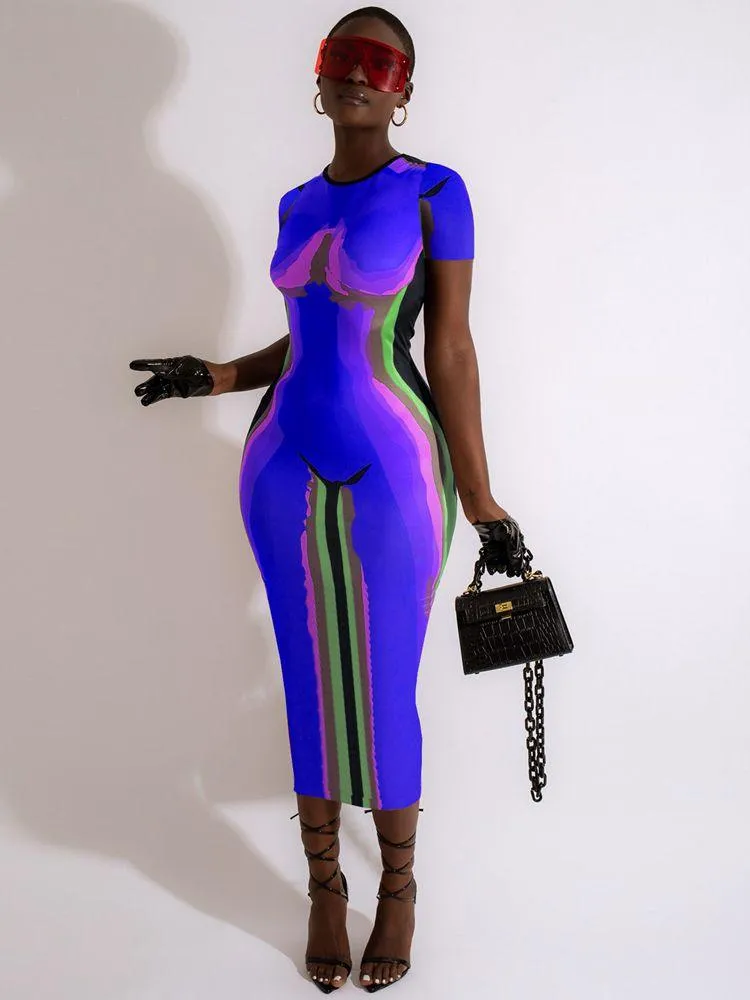 Electric 3D Blue Body Outline Dress