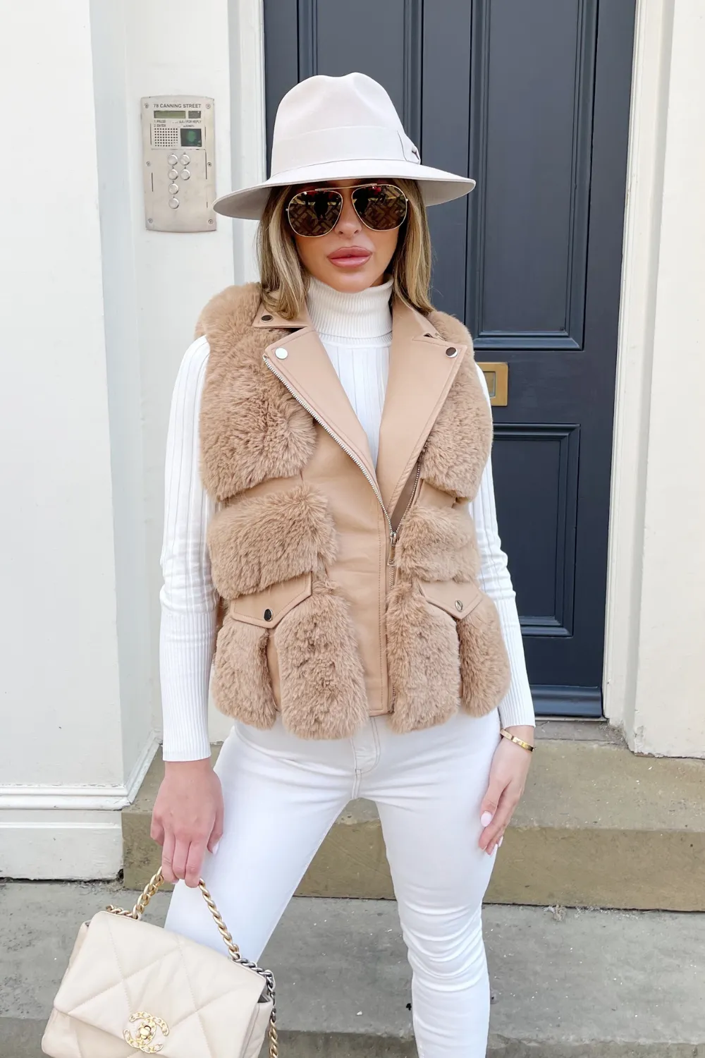 Eliza Camel PU leather faux fur gilet