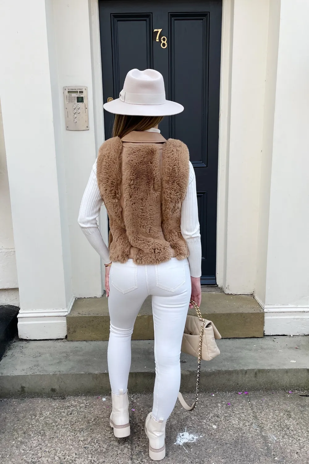 Eliza Camel PU leather faux fur gilet